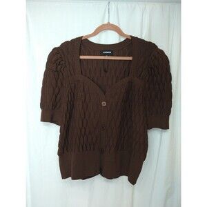 NWOT Express Sz XL Chocolate Brown Short Sleeve Button Up Sweater Puffy Quilted
